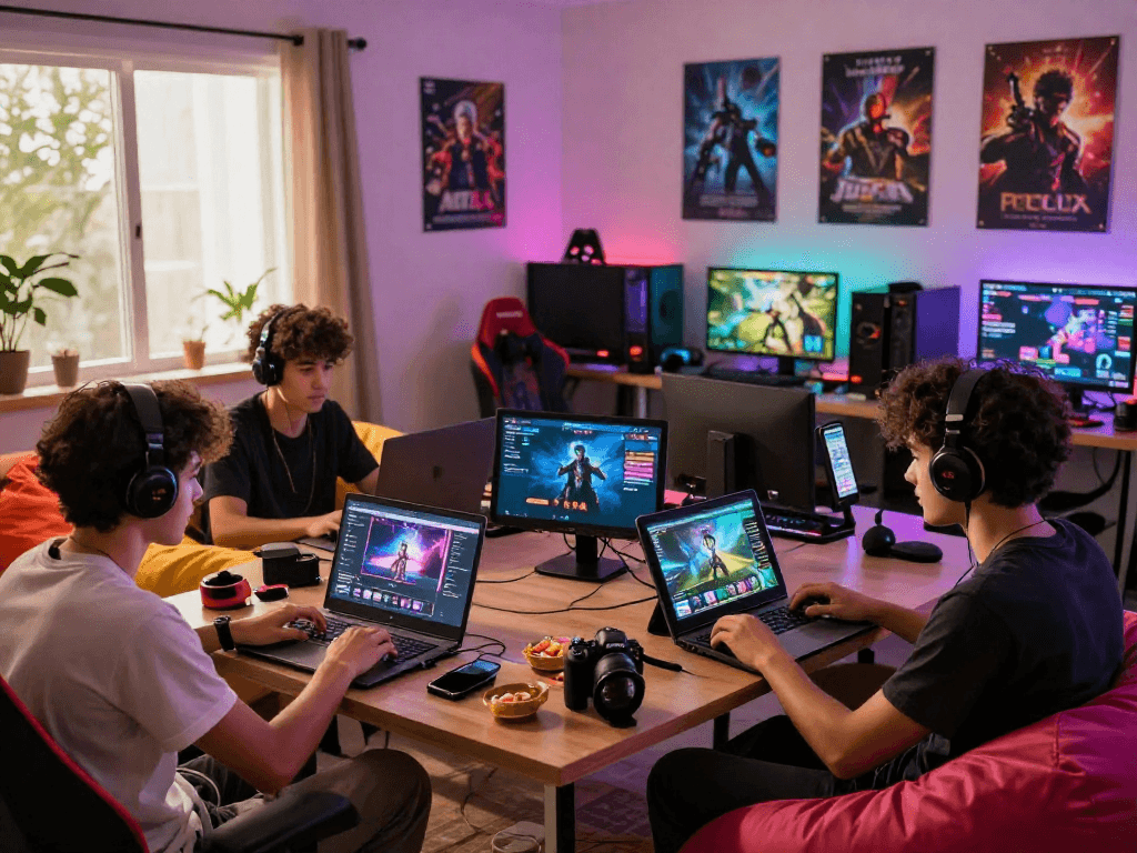 Gamers enjoying interactive porn games on multiple devices in a vibrant atmosphere.