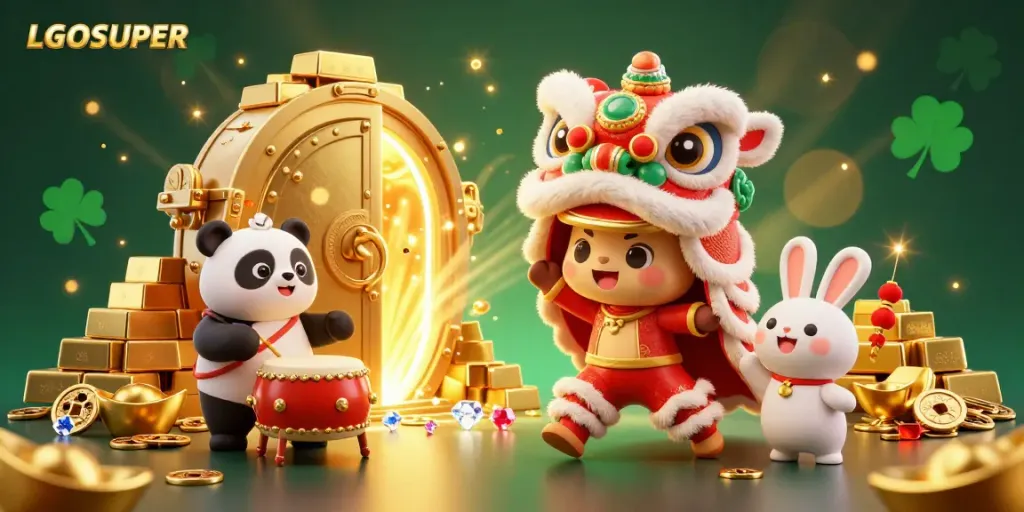 Experience the excitement of gaming with LGOSUPER's vibrant scene showcasing a festive lion dance and gold treasures.