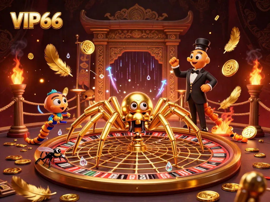 Experience immersive gaming with VIP66, featuring a golden roulette spider and a centipede croupier.