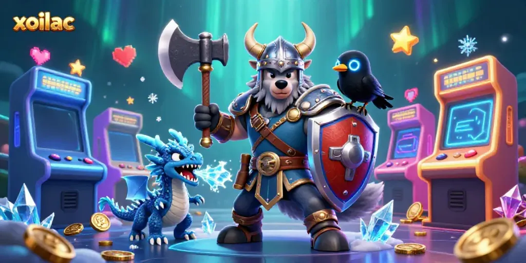 Experience thrilling action on xoilac with a vibrant cartoon Viking and mythical creatures in a rich casino setting.