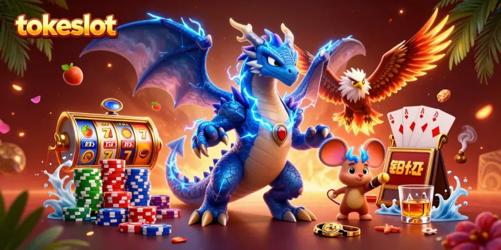 TOKESLOT menghadirkan ilustrasi menjual slot jackpot dengan naga 3D dan simbol kemenangan.