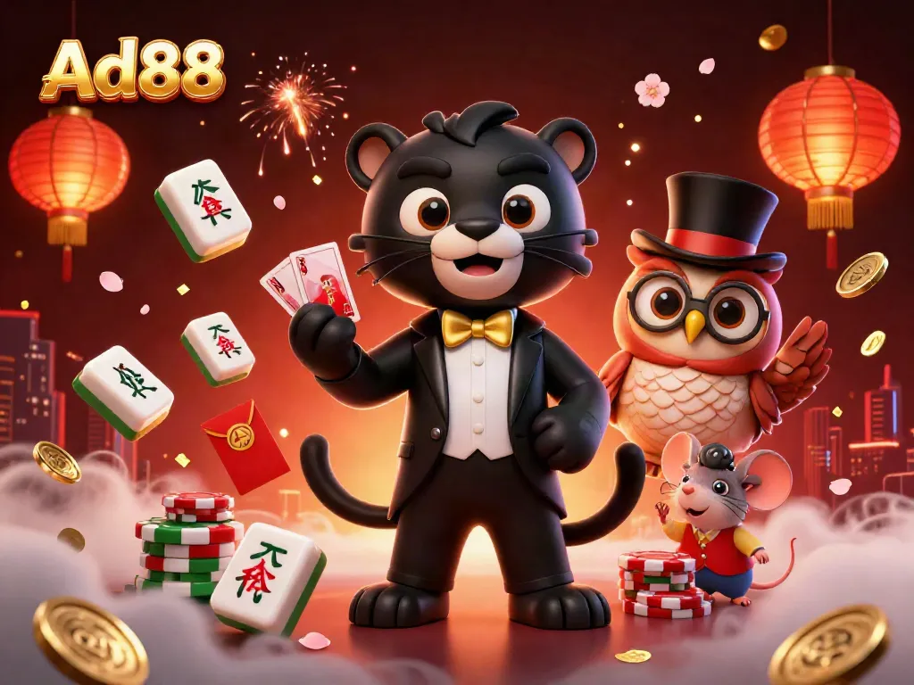 Engage with Ad88's vibrant casino scene featuring a stylish panther dealer and whimsical companions.