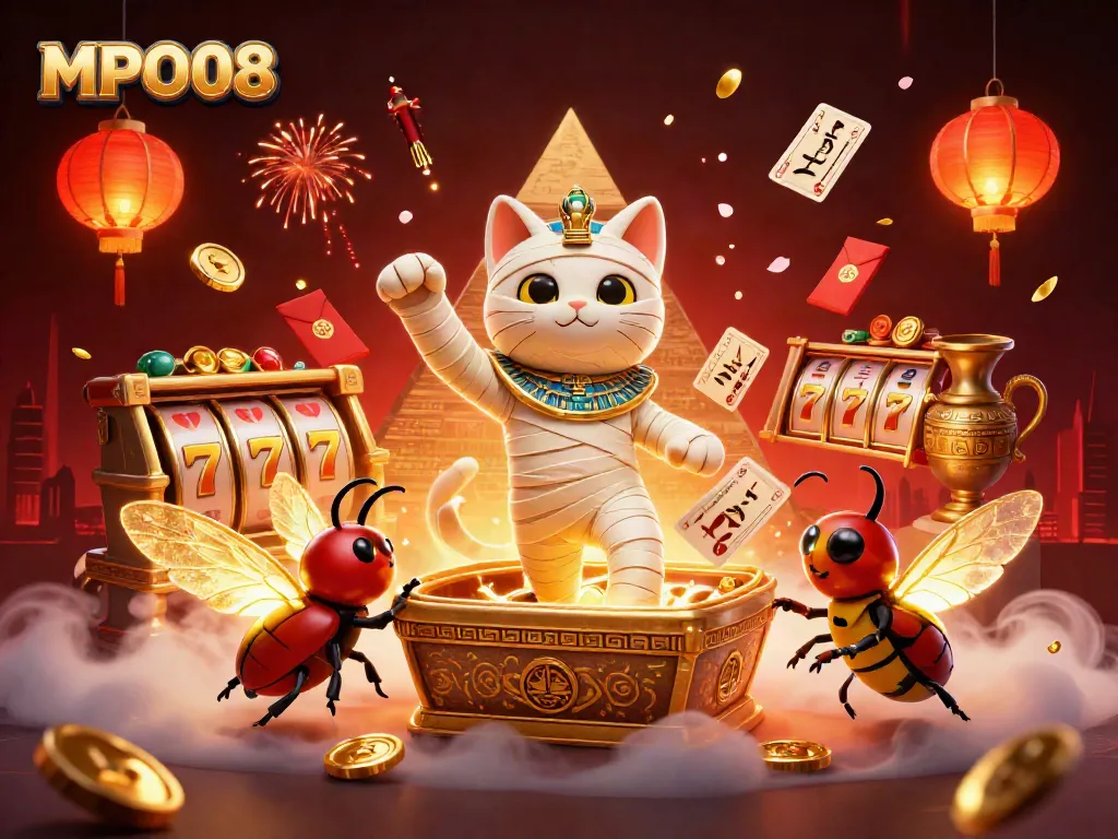 Engage in MPO08 online slots with an Egyptian-themed casino scene featuring vibrant characters and elements.