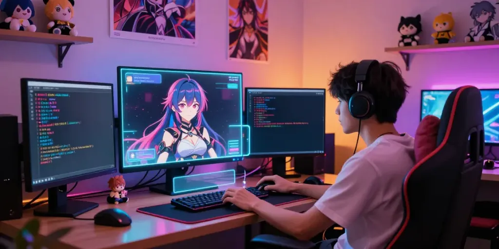 Engaging hentai AI chat scene with anime character in a vibrant digital space.