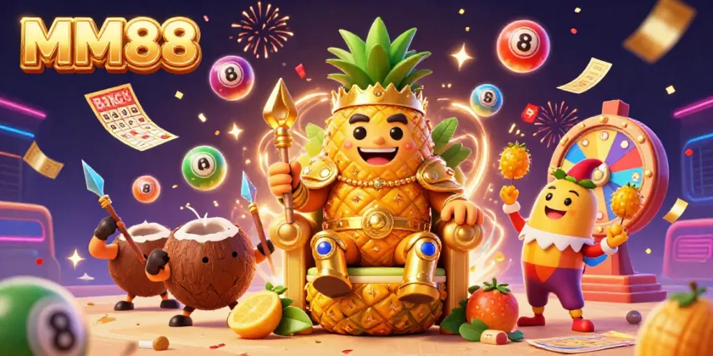 MM88 celebrates a golden pineapple king and his colorful casino scene, filled with lottery excitement.