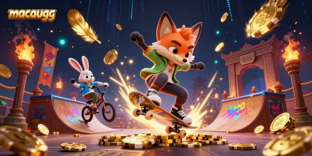 Experience thrilling gaming with macaugg in a vibrant 3D casino scene showcasing action and excitement.