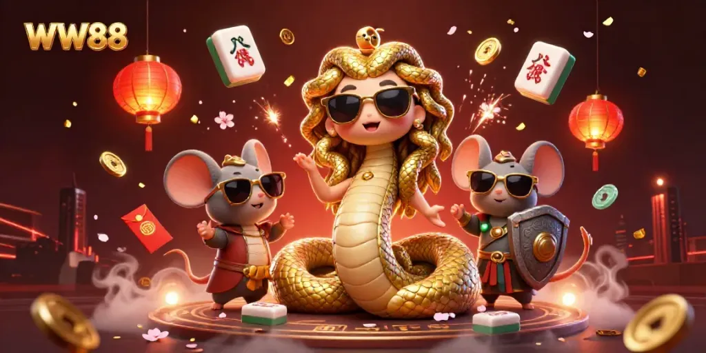Engage in thrilling gameplay with WW88 featuring a cute Medusa and a warrior mouse in a vibrant casino scene.