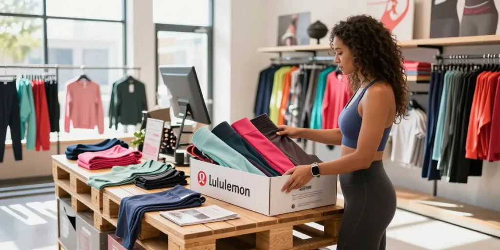 Lululemon liquidation pallets filled with colorful athletic apparel in a bright retail space.
