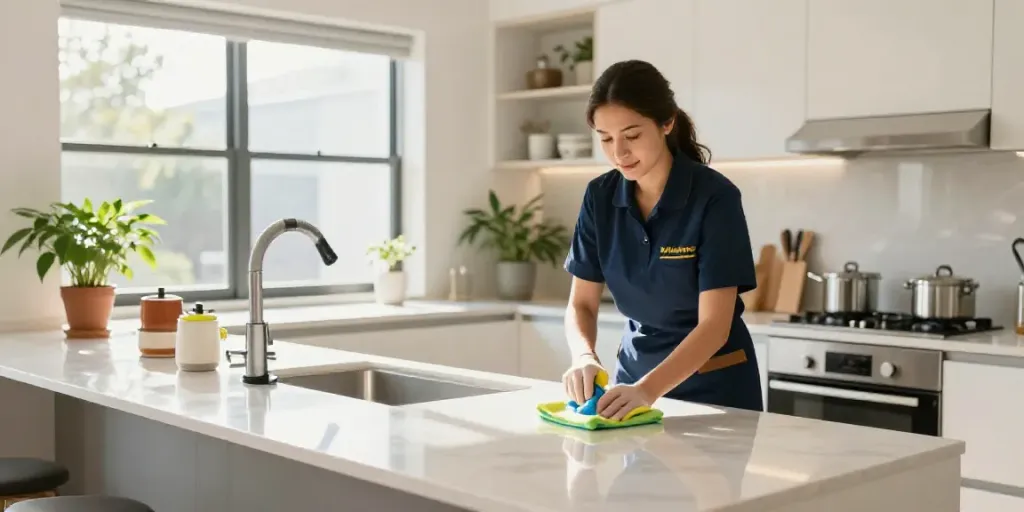 Domestic cleaning in Melbourne by a professional cleaner in a bright kitchen.