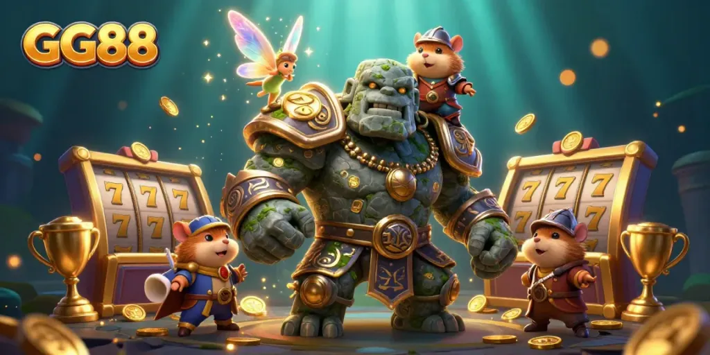 Experience the excitement of GG88 with an ancient golem guardian and vibrant casino elements.