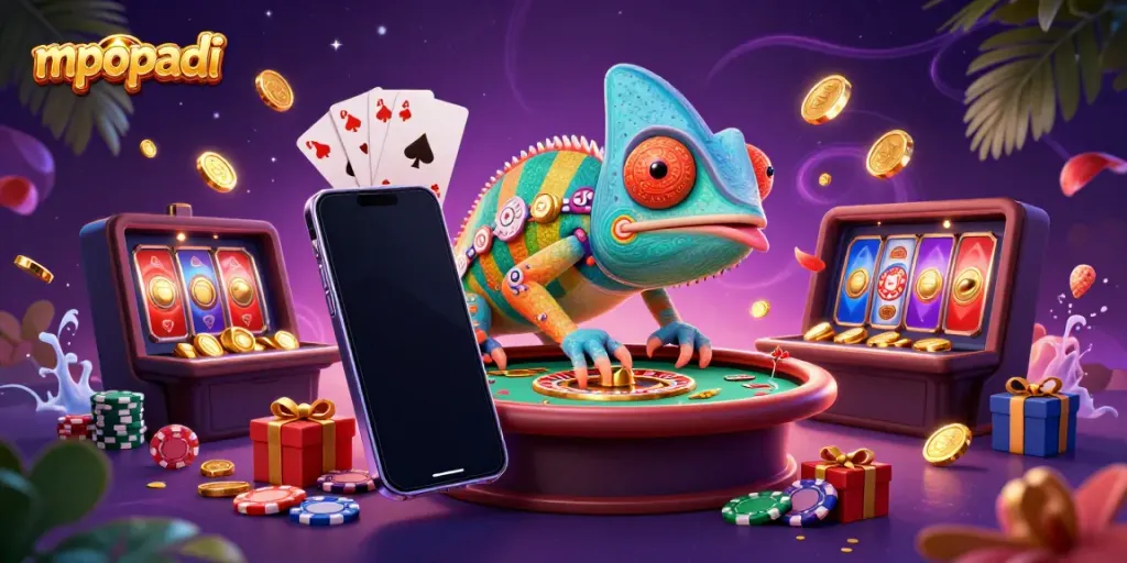 Experience MPOPADI's vibrant casino world with a chameleon owner, golden coins, and dynamic slot game action.