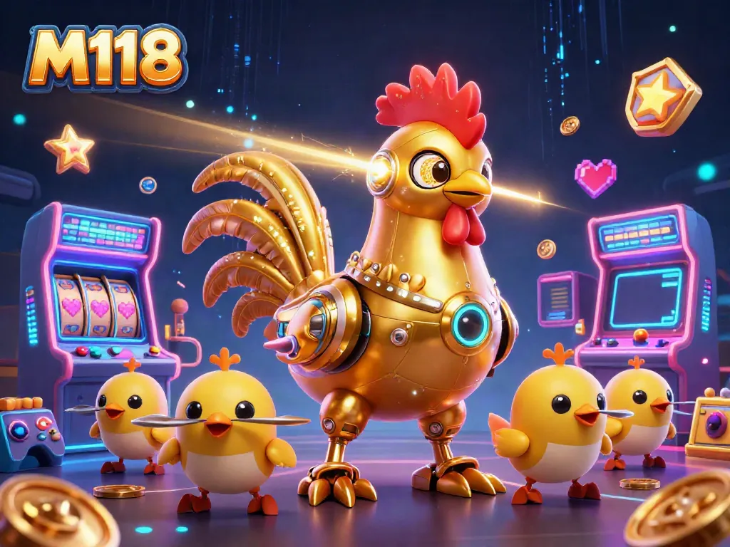 M118 features a retro-futuristic golden rooster robot and baby chick drones in a vibrant arcade casino scene.