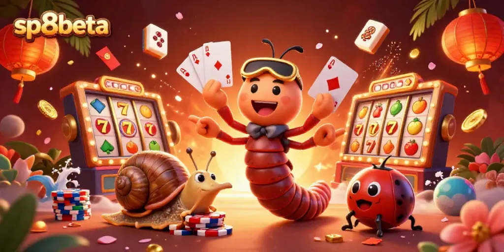 Experience thrilling gameplay at sp8beta with a vibrant dealer scene filled with slot machines and festive elements.