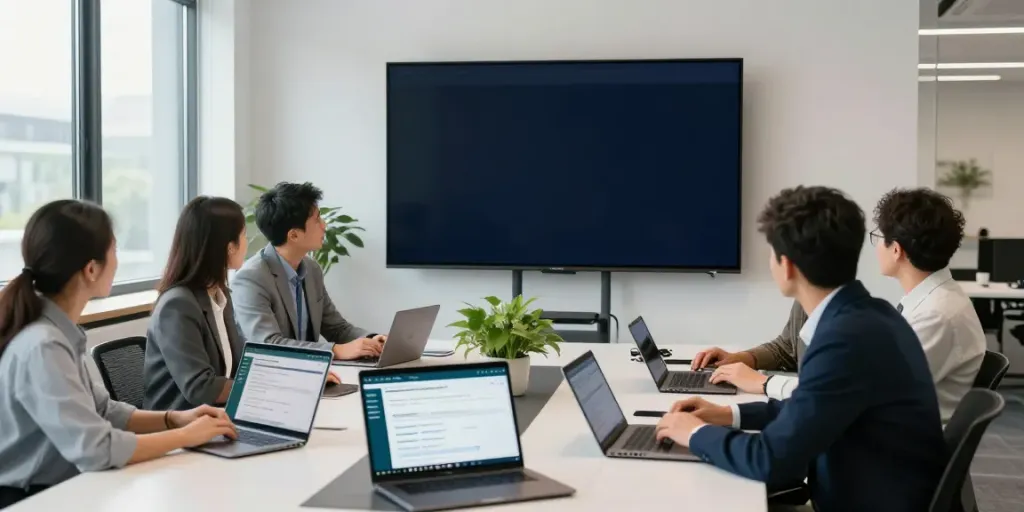 A team collaborating on the Irish company register in a modern office.
