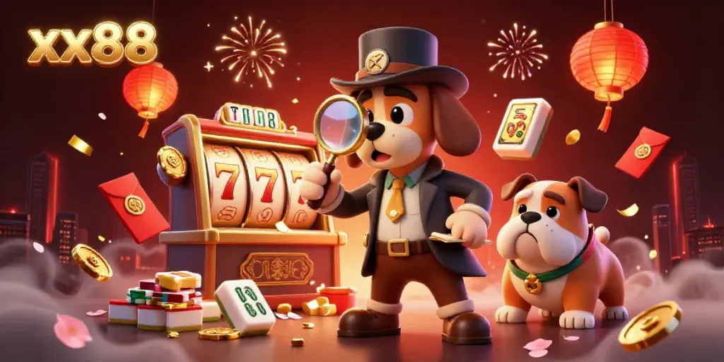 Experience high-stakes action at xx88, featuring a detective and bulldog amid vibrant casino elements.