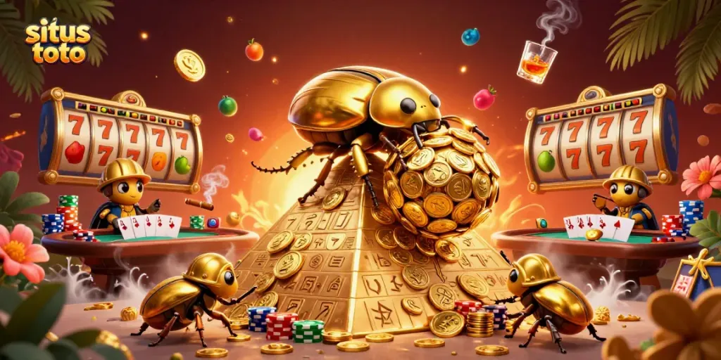 Engaging scene of situs toto featuring a golden beetle rolling coins and vibrant casino elements.