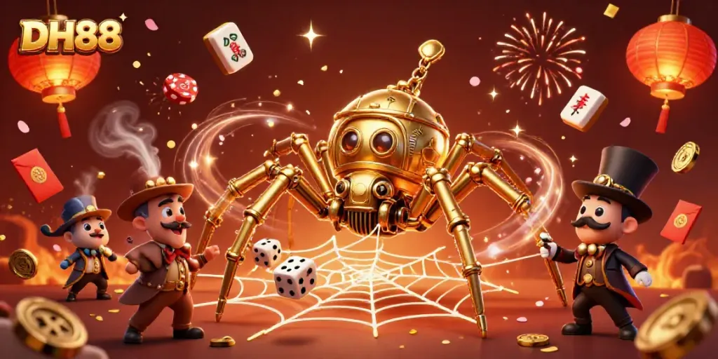 Engage with DH88's vibrant gaming scene featuring a golden spider and Victorian fly amidst festive gambling elements.