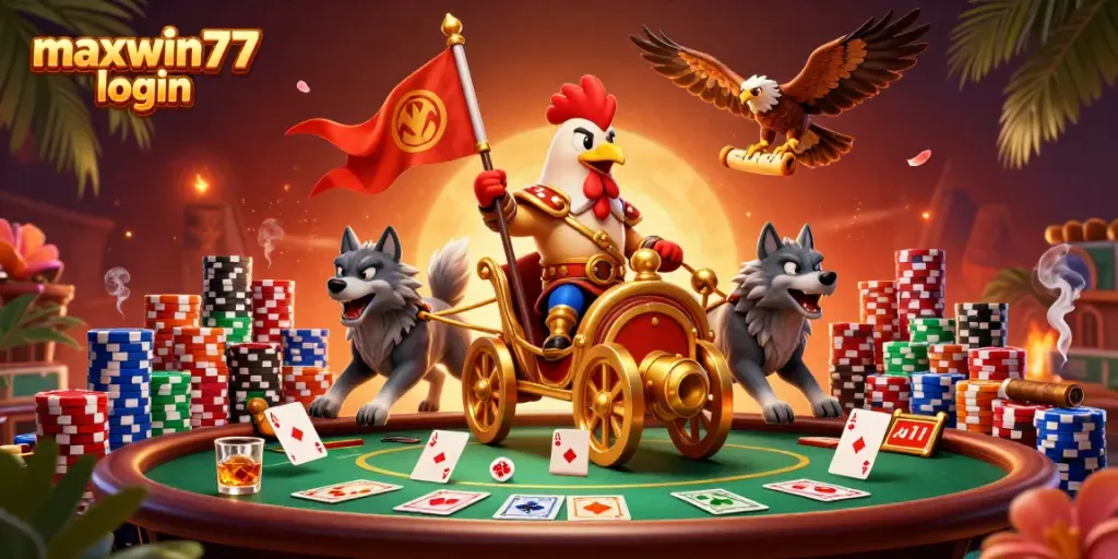 Engage with maxwin77 login through a vibrant casino scene featuring a cartoon rooster warlord and poker elements.
