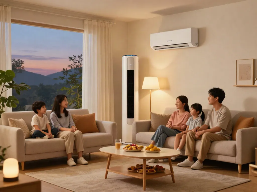 Family enjoying movie night around a stylish mini split air conditioner in a cozy living room.