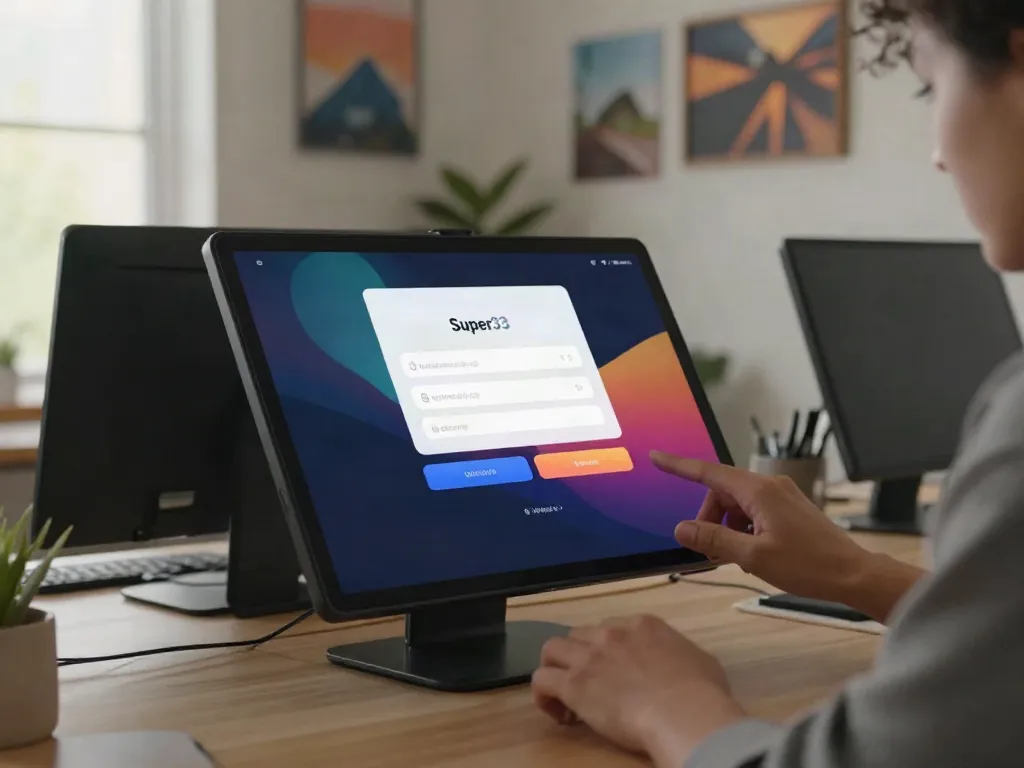 Super33 login interface in a modern workspace with a user accessing the login page.