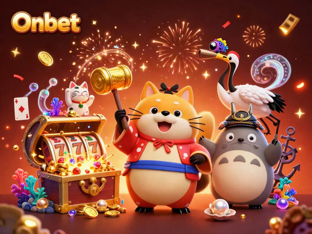 Experience thrilling wins at Onbet with colorful characters and jackpot elements in a vibrant casino scene.