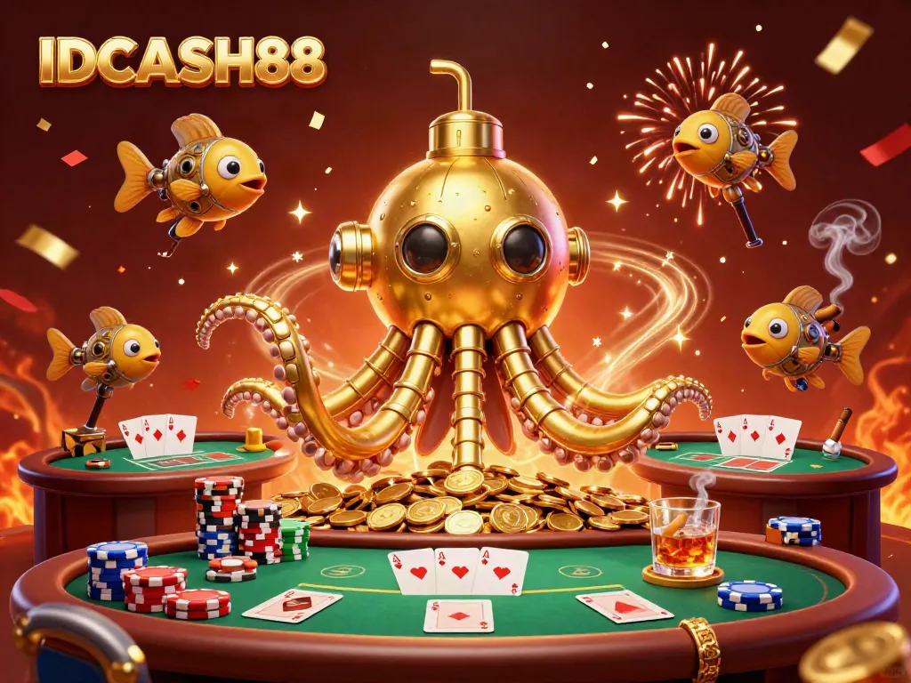Play poker at IDCASH88 with a golden kraken submarine and dynamic casino elements.
