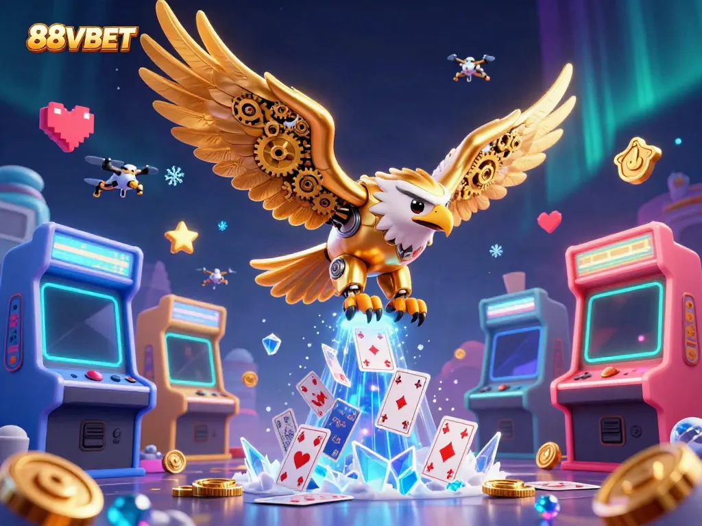 Experience the thrill of 88VBET with a dynamic 3D illustration of a cybernetic eagle amid holographic cards.