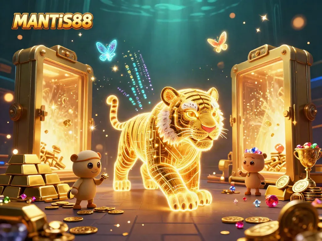 MANTIS88 shows a glowing golden tiger in a dynamic casino with treasures and digital effects.