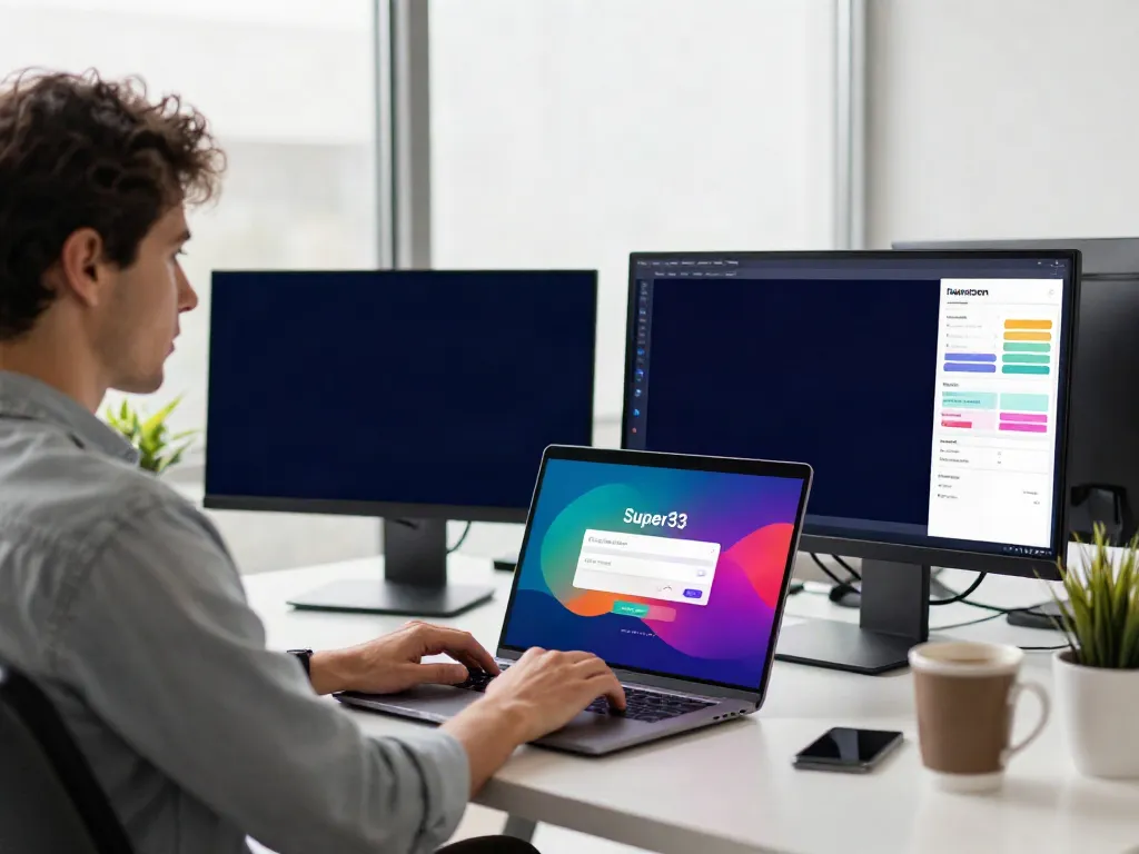 Super33 login dashboard displayed on a modern laptop in a vibrant office.