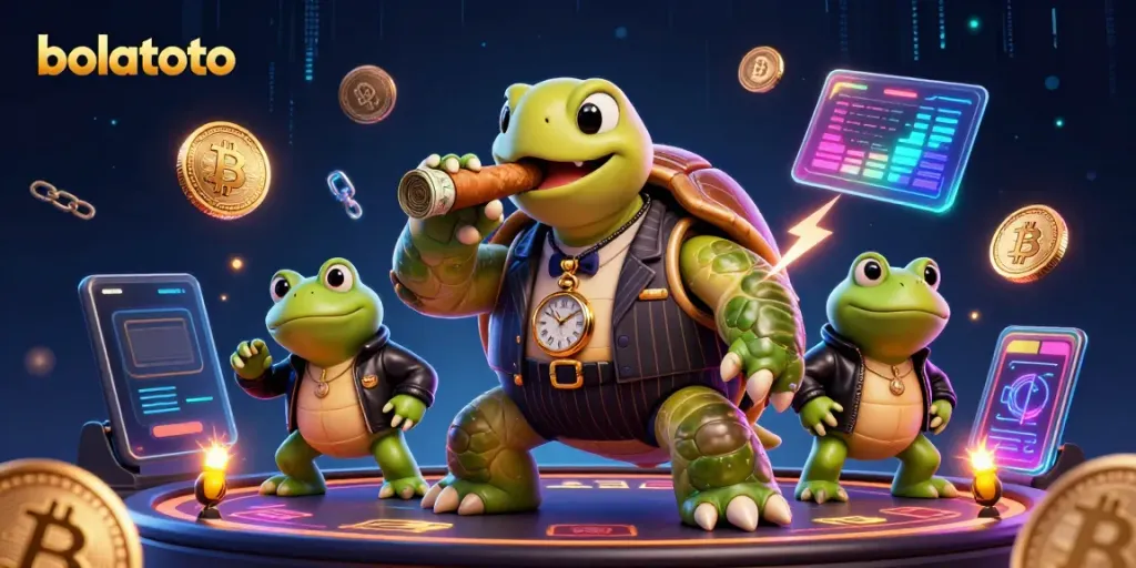Experience bolatoto with an engaging illustration featuring a turtle mobster and bullfrog enforcers amidst cryptocurrency elements.