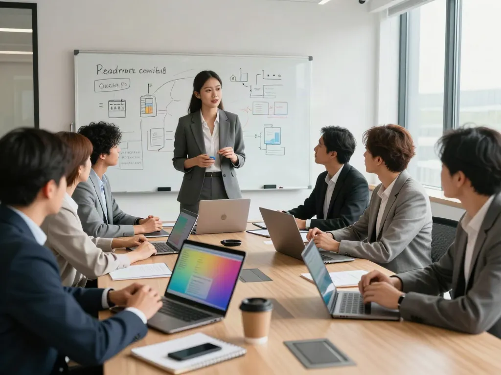 Engaging coaching for business leaders during a collaborative strategy session in a modern office.