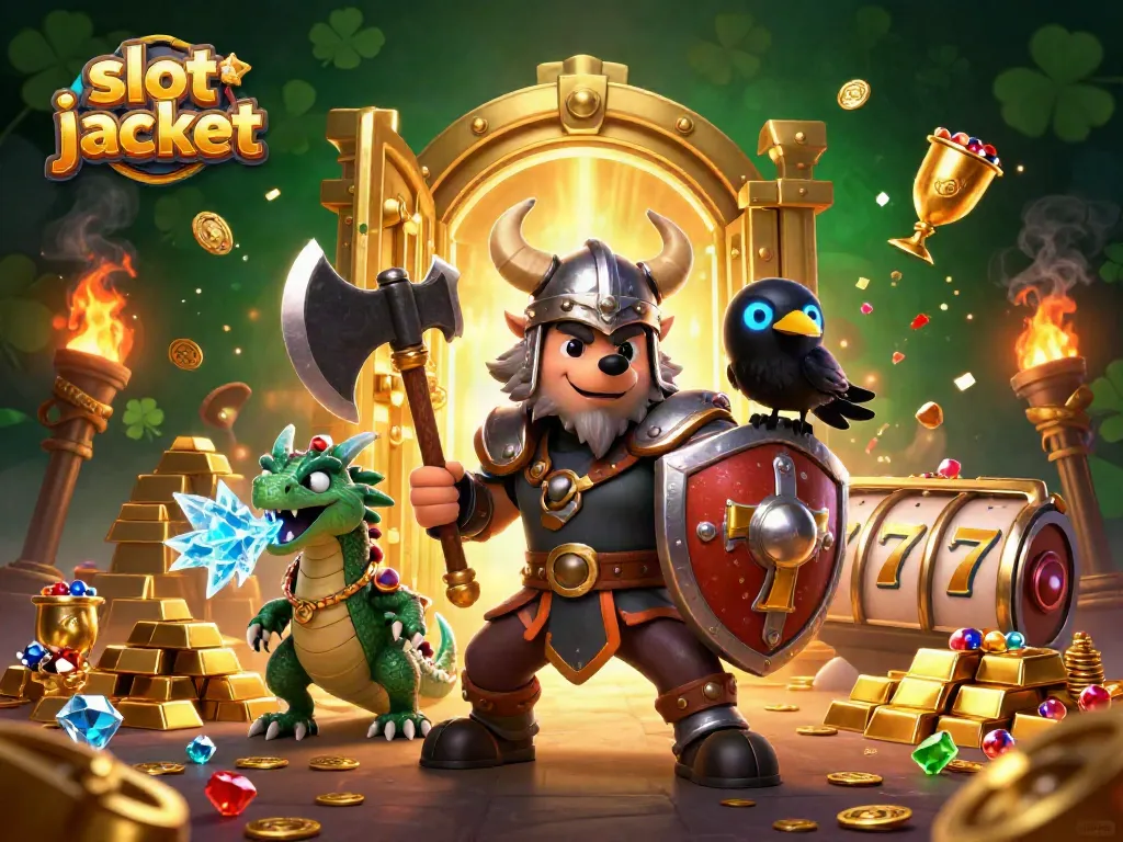 Spin to win with slot jackpot as Viking warrior battles alongside its dragon and raven allies.