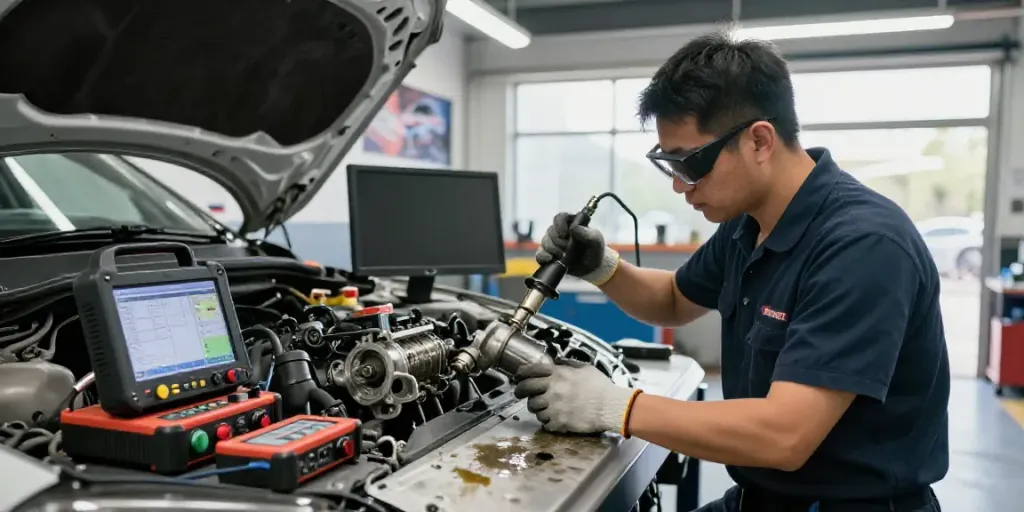Expert DPF reinigung hannover service in a professional automotive garage setting.