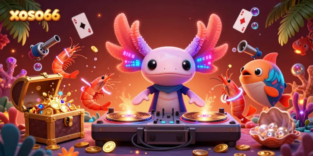 Experience the vibrant energy of xoso66 with a neon DJ and animated sea creatures celebrating an aquatic casino party.