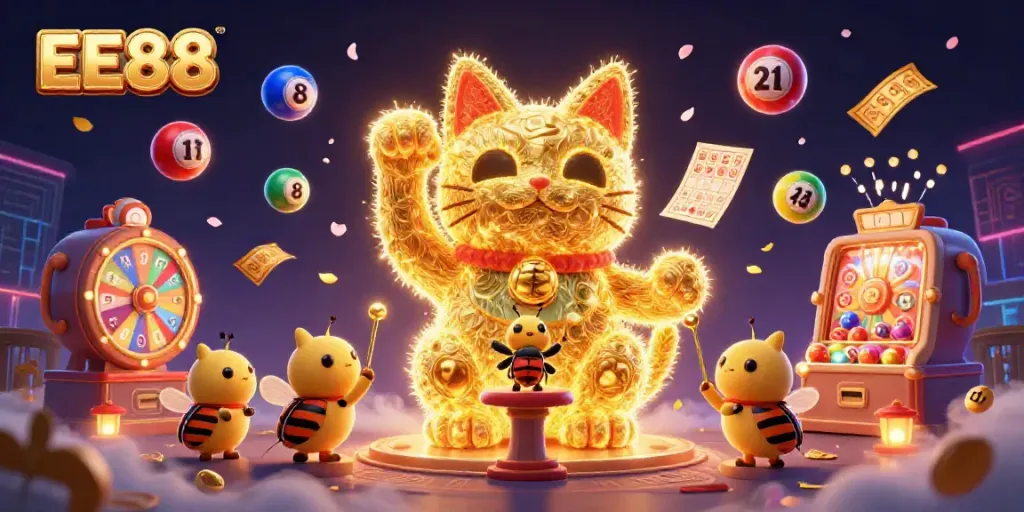 Engage with EE88's vibrant casino experience through this dynamic illustration of a lucky cat and symbols.