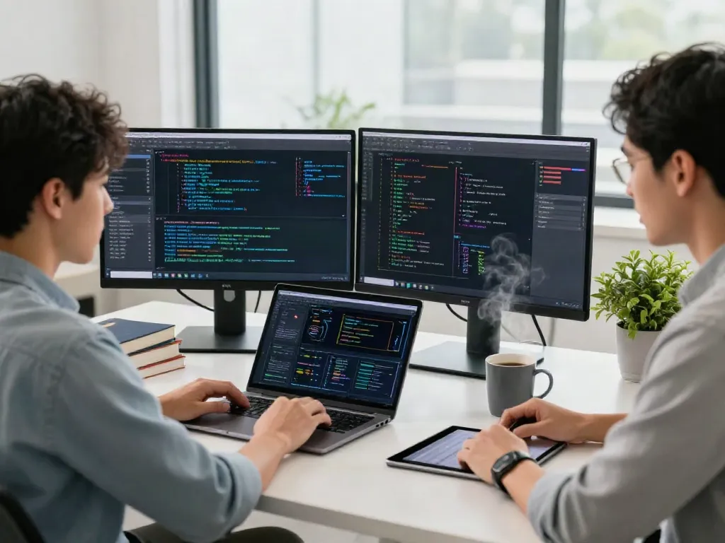 Engineers working on AI infrastructure in a modern workspace with dual monitors.
