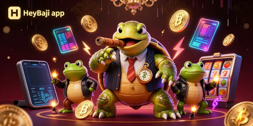 Engage with the HeyBaji app in a vibrant 3D casino environment featuring a cartoon turtle and frog enforcers.