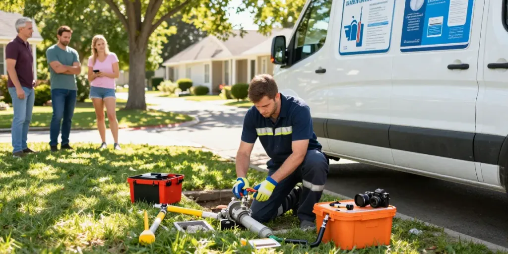 Plumber link building in action, showcasing a professional plumber repairing a burst pipe in a residential area.