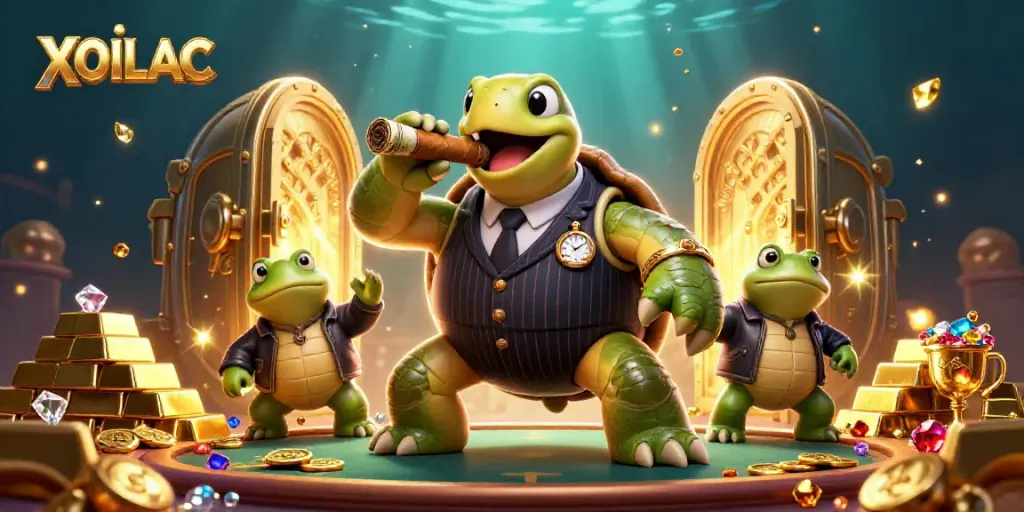 Engage with XOILAC's vibrant casino scene featuring a stylish turtle and frog enforcers amidst gold treasures.