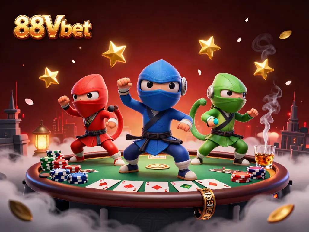 Experience thrilling gameplay with 88Vbet's vibrant chameleon ninjas battling on a casino poker rooftop.