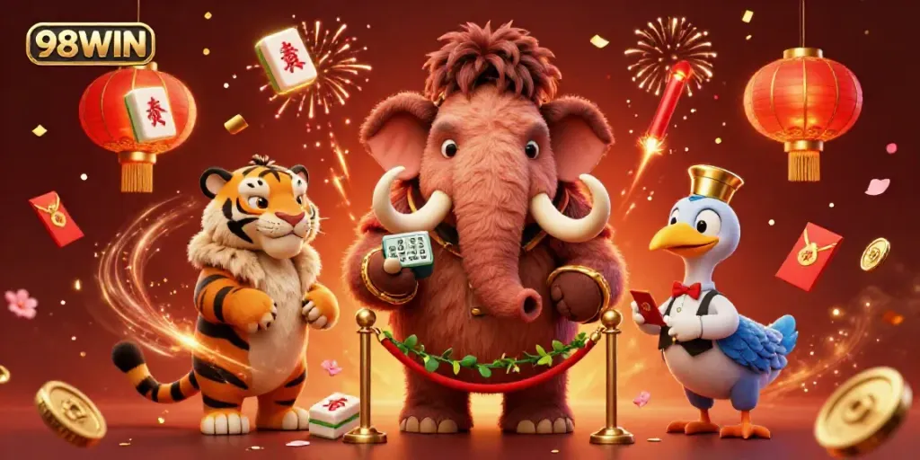 Experience the excitement of 98WIN with a vibrant scene featuring a woolly mammoth bouncer, saber-tooth tiger VIP, and dodo bird doorman.