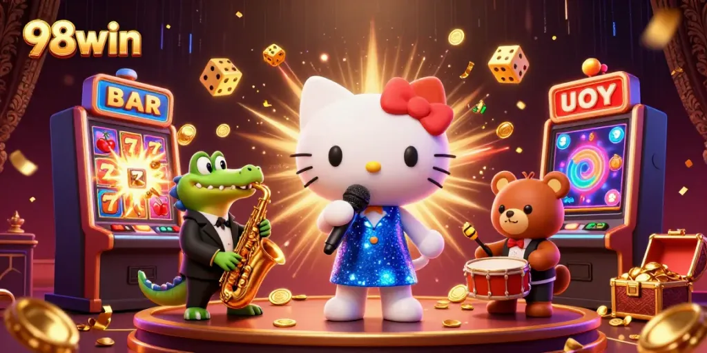 Experience the vibrant energy of 98win online casino with a jazzy performance on stage featuring unique characters and exciting game elements.