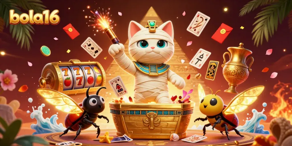 Bola16 showcases a vibrant 3D illustration of a mummy cat in a pyramid casino, surrounded by slot reels and festive elements.