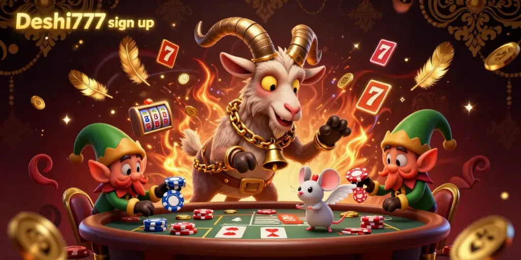 Engage with Deshi777 sign up at a festive casino featuring a Krampus goat and lively elf gremlins.