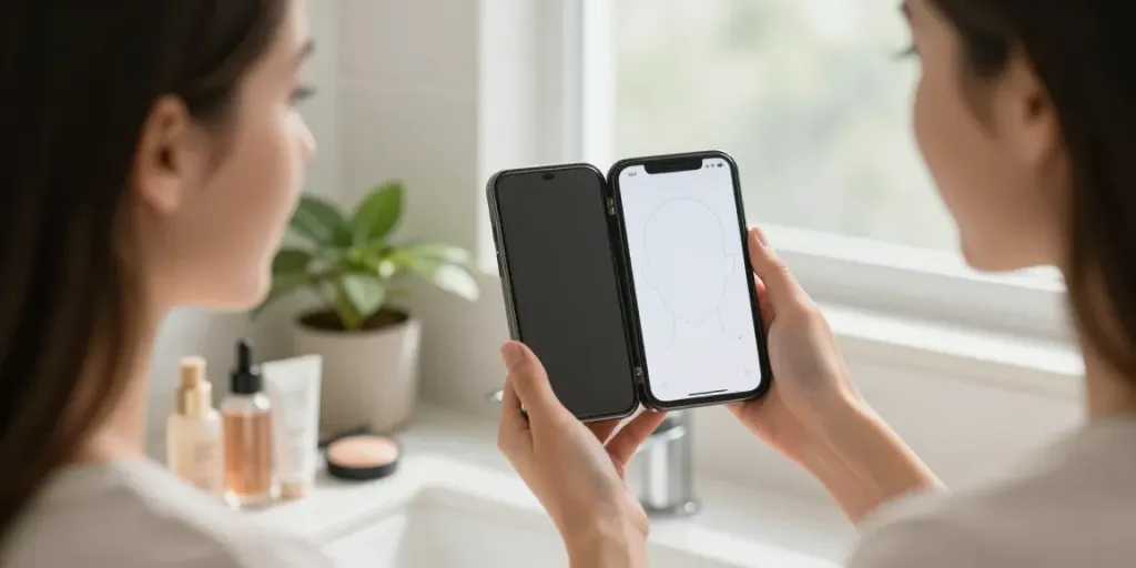 Exploring alternatives to QOVES with a young woman analyzing her beauty app in a bright bathroom.