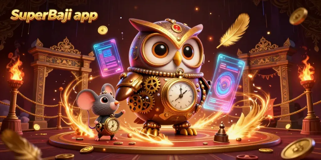 Experience fast gaming with the SuperBaji app illustrated in a vibrant casino scene.