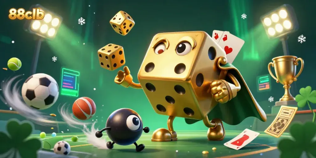 Engage with the vibrant world of 88clb featuring a massive golden dice golem surrounded by dynamic sports elements.