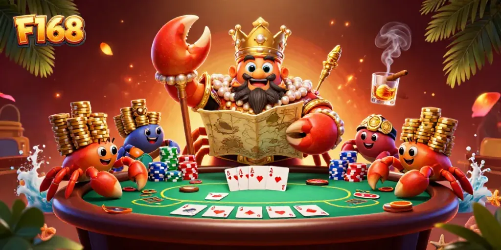 Experience F168's vibrant casino world with a golden crab emperor at an exciting poker table.