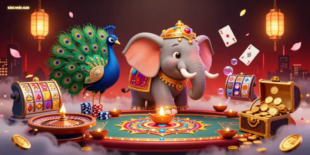 Engaging casino scene with ĐĂNG NHẬP AU88, featuring an ornate elephant, colorful peacock, and vibrant gambling features.
