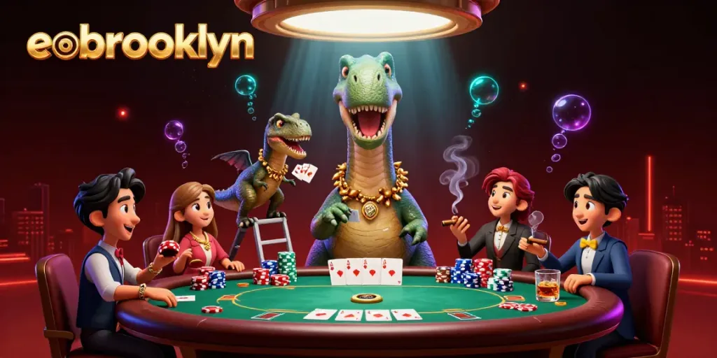 eobrooklyn brings excitement to your game with a colossal dinosaur dealer at a vibrant poker table